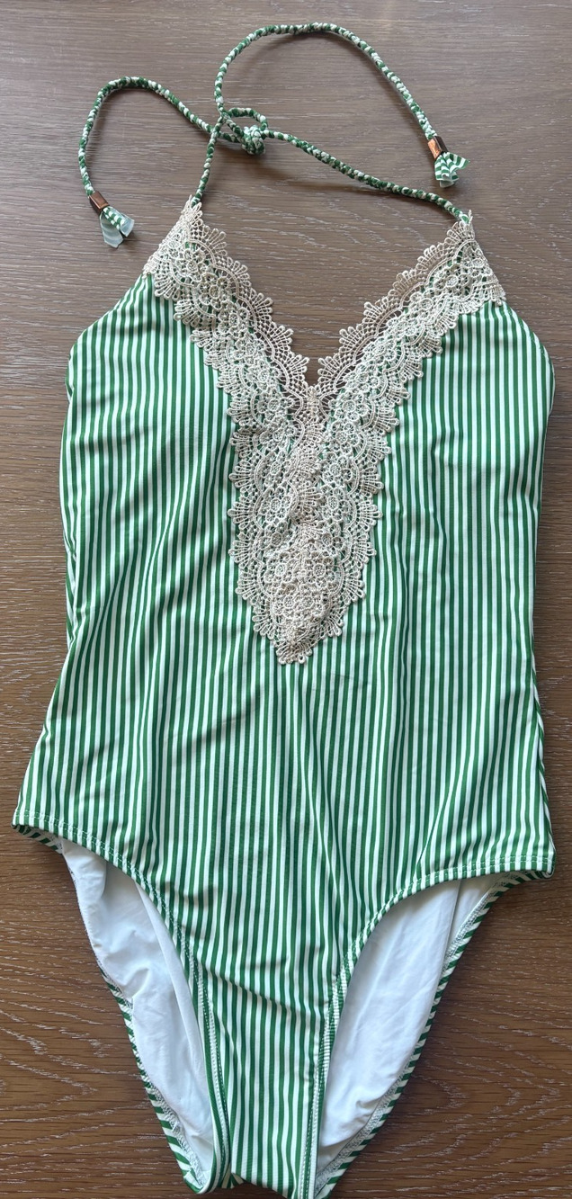 Allihop One Piece Swimsuit Small 4-8 Green White Striped Lace V-Neck Halter